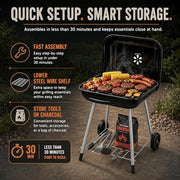 17.5-Inch Charcoal Kettle Grill with Wheels, 302 Sq In Grate | Porcelain-coated steel bowl, lid and grid with adjustable air dampers, rear wheels and bottom shelf for patio or tailgating.