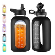 CIVAGO 64 oz Glass Water Bottle with Straw, Half Gallon Large Water Jug | Motivational, Time Marker, Leakproof Lids, Wide Mouth, Flask Cup with Handle and Silicone Sleeve, for Juices, Black