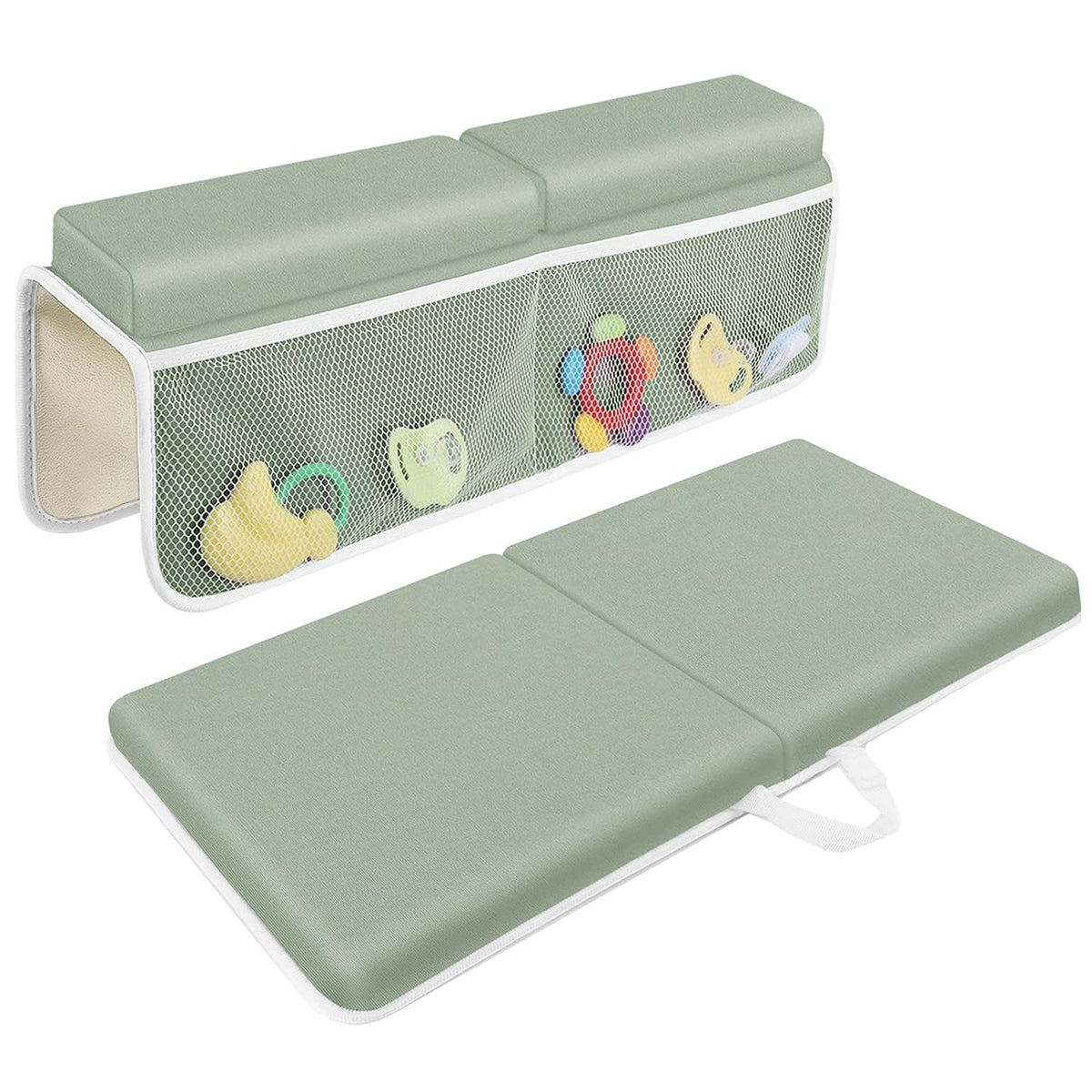 JJGoo Bath Kneeler with Elbow Rest Pad Set, 1.5 inch Kneeling Pad Mat for Bathtub Baby Bathing Parents, Painless Foam Mat with Toy Organizer Pockets, Non-Slip for Baby and Toddler Bathing