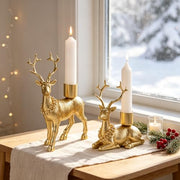 FORUP Reindeer Christmas Candle Holders, Set of 2 Deer Deer Taper Candle Holders with Floral Wreath, Rustic Pedestal Centerpieces for Christmas Fireplace Mantle Dining Table, Holiday Farmhouse Décor