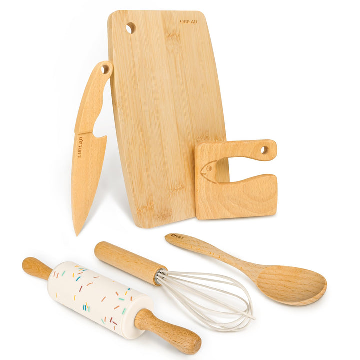 LUOLAO Wooden Kids Safe Knife and Toddler Baking Set for Real Cooking 6 PCS | Montessori Toddler Kitchen Tools, Cooking Cutting Board Set, Gift for kids, Safe & Effective, Teaching Real Kitchen Skills