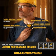 DEWALT Mini Wearable Bluetooth Speaker, Clip-On Jobsite Pro (Yellow) | Water-Resistant Portable Wireless Speaker (Non-Magnetic), Built-in Mic for Hands-Free Music/Calls, Bluetooth Speaker