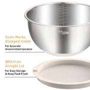 Wildone Mixing Bowls with Airtight Lids Set, 5PCS Stainless Steel Nesting Bowls with Grater Attachments & Non-Slip Bottoms, Size 5, 3, 2, 1.5, 0.63 QT, Great for Mixing & Serving, Khaki