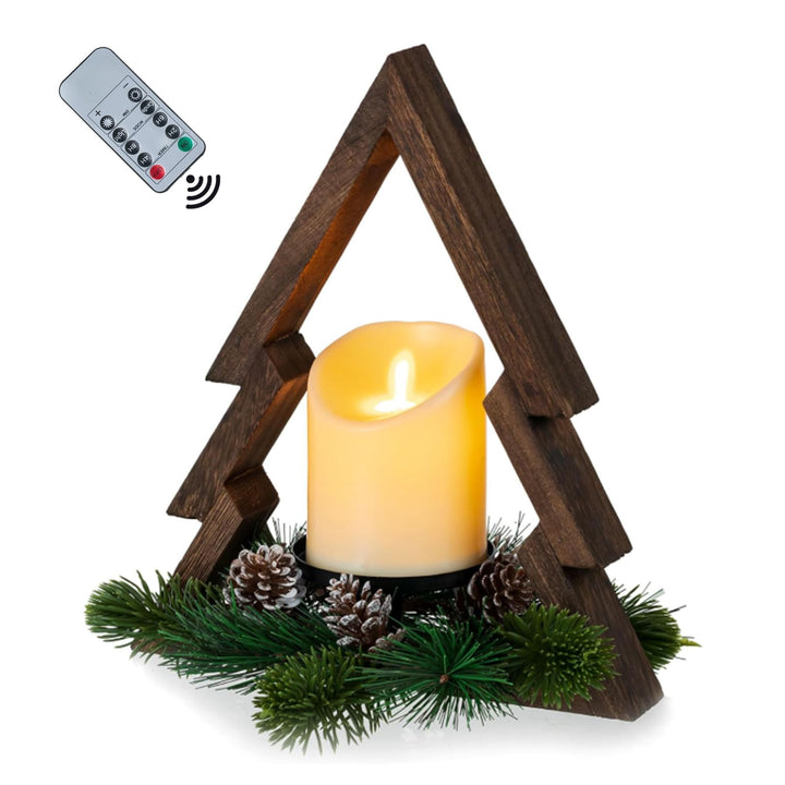 Hanobe Christmas Decorations Indoor for Table Centerpieces, Wood Tree Frame | Neutral rustic farmhouse Christmas decor with pine ring for mantel shelf tabletop home, remote control LED candle, auto timer