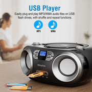MEGATEK Portable CD Player Boombox with Bluetooth & FM Radio – Black | USB Playback, Clear Stereo Sound, AUX Input, Headphone Jack, CD-R/RW & MP3-CD Support, LCD Display, AC/Battery Powered