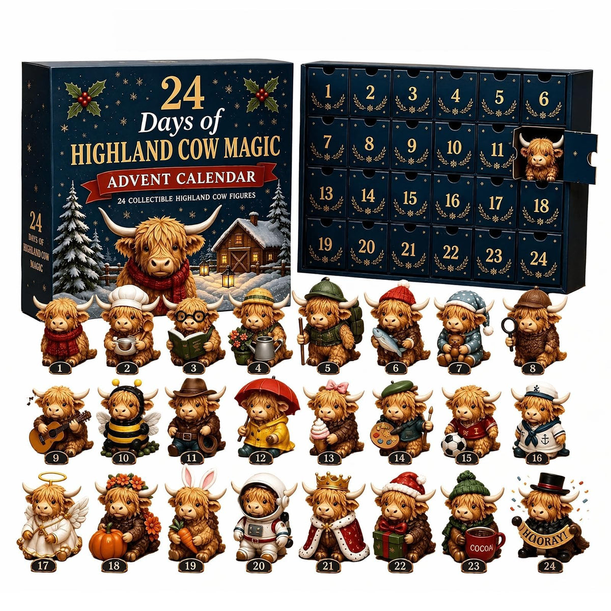 2026 3D Highland Cow Advent Calendar, 24 Days Christmas Countdown Calendar with Cute Farm Cattle Mini Figurines, Collectible Christmas Ornament Gift