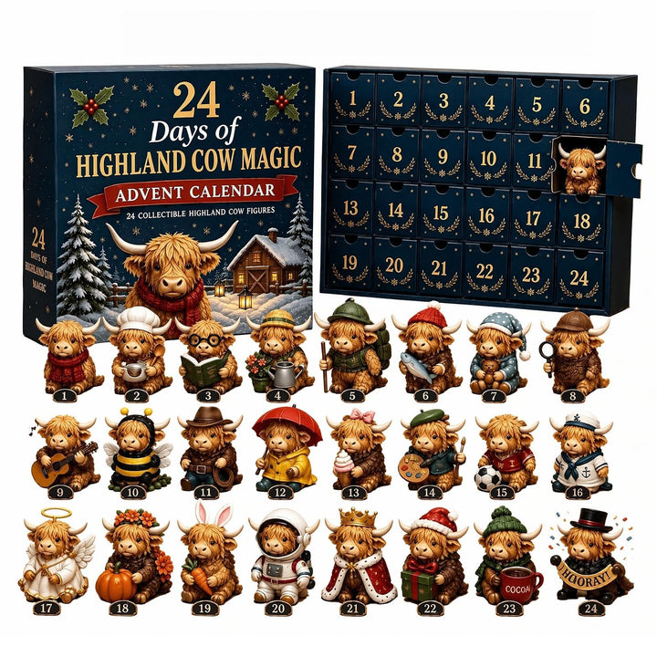 2026 3D Highland Cow Advent Calendar, 24 Days Christmas Countdown Calendar with Cute Farm Cattle Mini Figurines, Collectible Christmas Ornament Gift