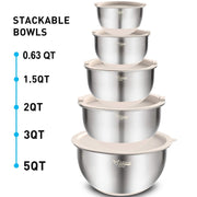 Wildone Mixing Bowls with Airtight Lids Set, 5PCS Stainless Steel Nesting Bowls with Grater Attachments & Non-Slip Bottoms, Size 5, 3, 2, 1.5, 0.63 QT, Great for Mixing & Serving, Khaki