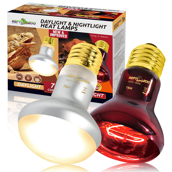 REPTI ZOO 75W Reptile Heat Lamp Bulb, 2PCS Day & Night Basking Spot Light Combo Pack Includes Infrared Heat Lamp and UVA Daylight Heating Lamp Basking Light