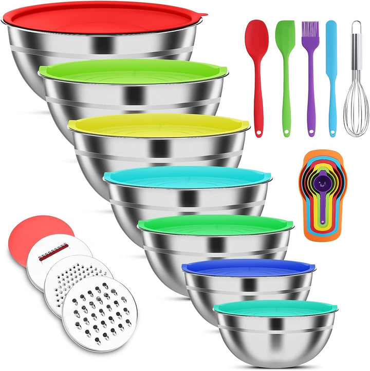 Stainless Steel Mixing Bowls Set with Lids & 3 Grater Attachments, Colorful | Kitchen Gadgets Set 3 Grater Attachments 7 Size Bowls 4.5, 4, 3.5, 2.1, 1.5, 1.1, 0.7QT for Cooking, Baking, and Serving