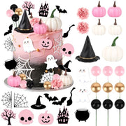 30Pcs Happy Halloween Cake Toppers & Cupcake Toppers for Birthday Party | Pink Halloween Cake Decorations Set with Mini Pumpkins, Witch Hat, Cauldron, Ghost, Flowers and Trees