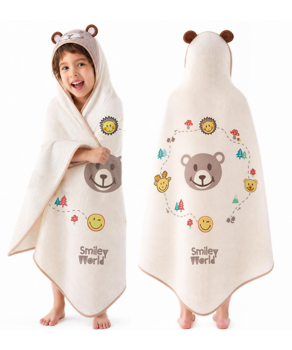 Hooded Kids Bath Towel, 45" x 45" Large Size Beach Towels for Swim Pool | 100% Muslin Cotton Towels, Absorbent Six-Layer Quick Dry Wrap, Age 5-12 Girls Boys(Bear Pattern)
