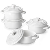 MALACASA Mini Cocotte Set of 4, 14 OZ Ceramic Casserole Dishes with Lids | Single Serving Small Dutch Oven Set, Lasagna, Soufflé, French Onion Soup, Pudding, Oven, Dishwasher Safe with Handles, White