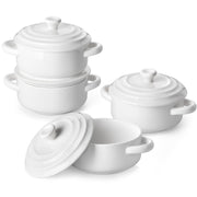 MALACASA Mini Cocotte Set of 4, 14 OZ Ceramic Casserole Dishes with Lids | Single Serving Small Dutch Oven Set, Lasagna, Soufflé, French Onion Soup, Pudding, Oven, Dishwasher Safe with Handles, White
