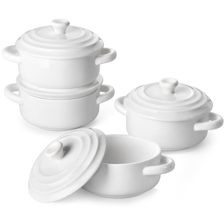 MALACASA Mini Cocotte Set of 4, 14 OZ Ceramic Casserole Dishes with Lids | Single Serving Small Dutch Oven Set, Lasagna, Soufflé, French Onion Soup, Pudding, Oven, Dishwasher Safe with Handles, White