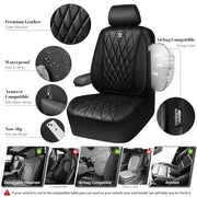 CAR PASS 5 Seats Piping Luxury Faux Leather Seat Covers Full Set, Anti-Slip Waterproof Seat Covers Compatible with Front Armrests, Universal Fit for Suvs,Vans,Trucks,Airbag Compatible, Pure Black