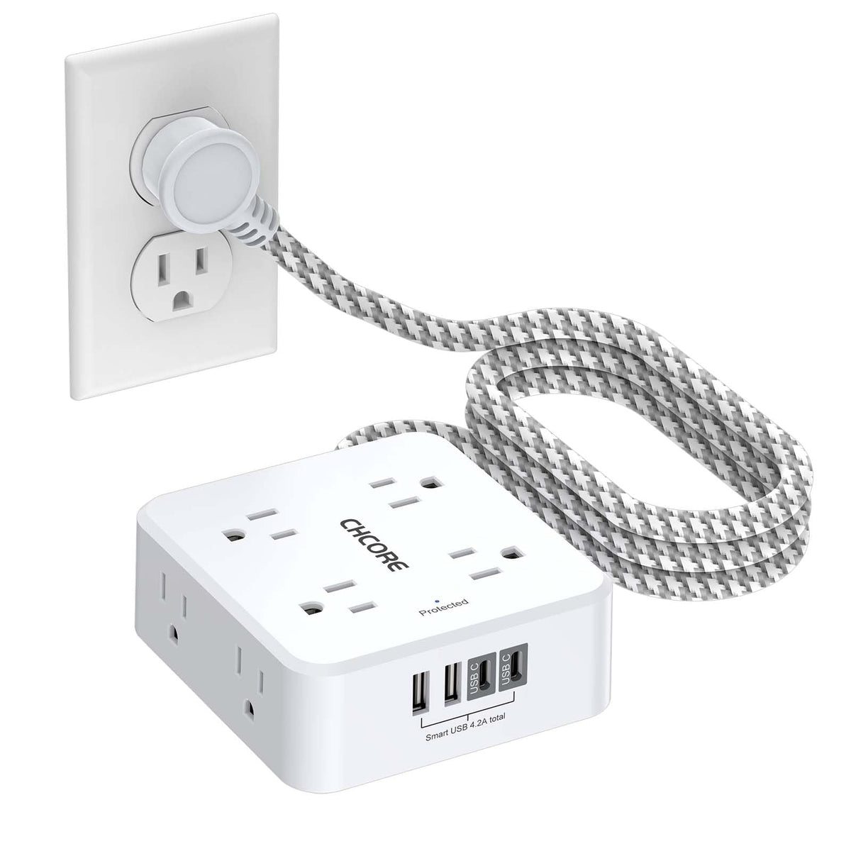 Surge Protector Power Strip - CHCORE 5Ft Braided Extension Cord with 8 Outlets with 4 USB (2 USB C) Charging Ports, Flat Plug Multi Plug Outlet Extender Charging Station for Home Office, ETL, White
