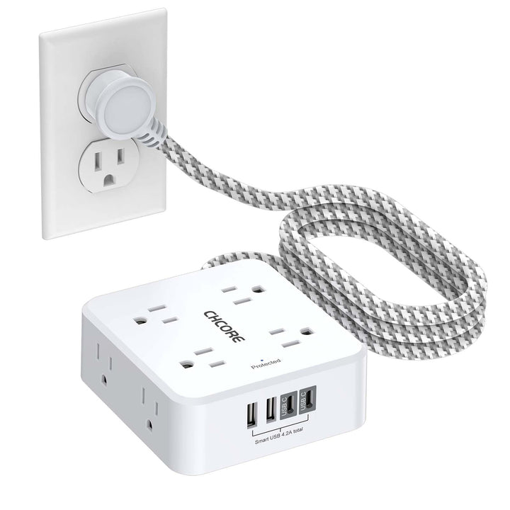 Surge Protector Power Strip - CHCORE 5Ft Braided Extension Cord with 8 Outlets with 4 USB (2 USB C) Charging Ports, Flat Plug Multi Plug Outlet Extender Charging Station for Home Office, ETL, White