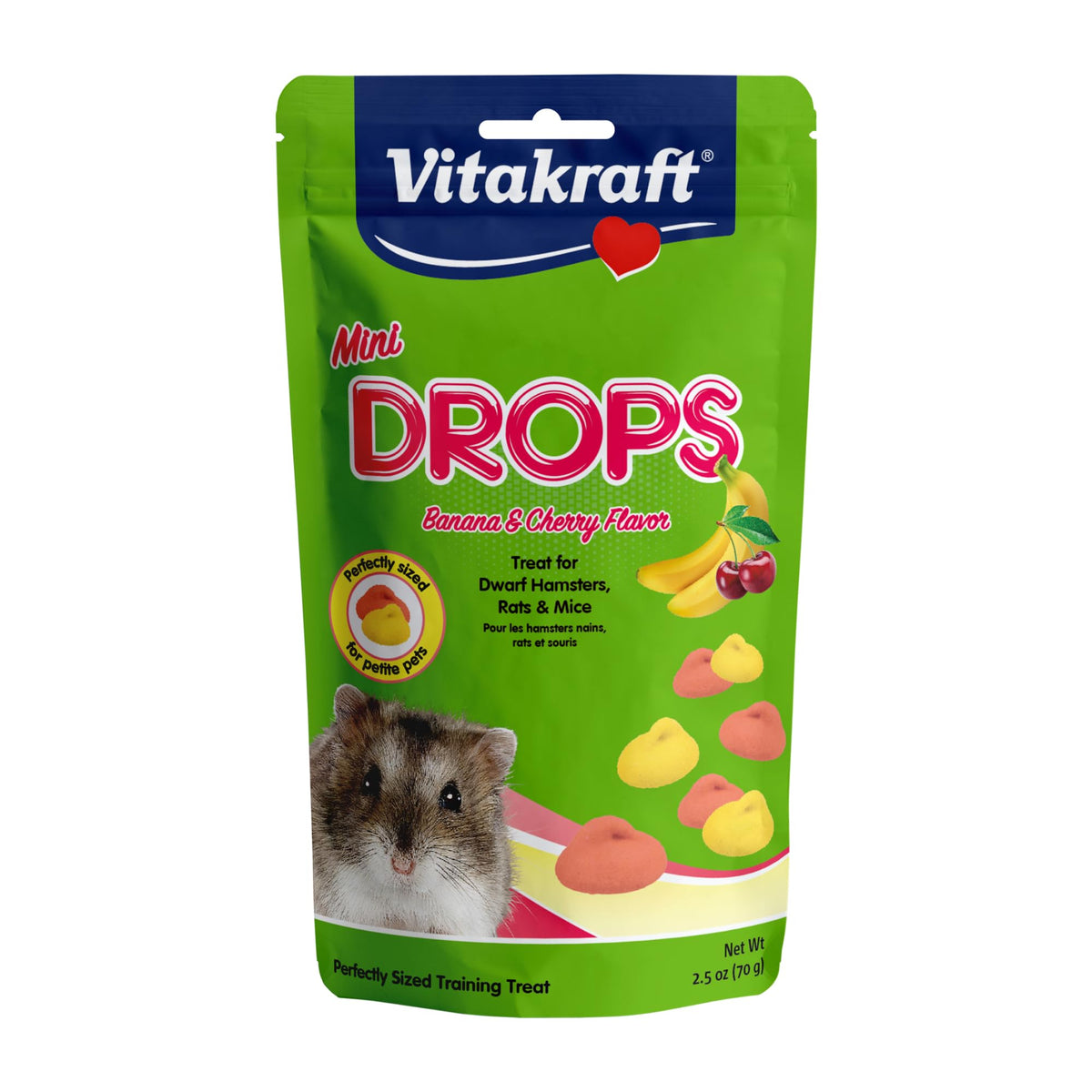 Vitakraft Mini Drops Dwarf Hamster/Rat/Mouse Treat Cherry-Banana 2.5 oz | Sweet Cherry-Banana Flavor, Wholesome Small Animal Treat, Easy to Feed, Resealable Bag, 2.5 oz Pack