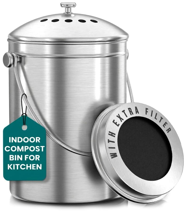 Utopia Kitchen Countertop Compost Bin 1.3 Gallon, Stainless Steel, Silver | Odorless countertop compost bin with charcoal filter, ideal for food scraps and waste