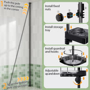 shuang qing 360° Rotating Corner Shower Caddy Tension Pole Organizer, Black | 4-Tier rotating shelves with hooks, adjustable tray height, upgraded rustproof metal pole, removable trays for shower storage