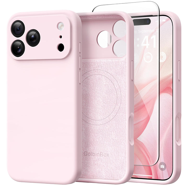 GolbinBox Magnetic for iPhone 18 Pro Case/17 Pro Case, Chalk Pink | Compatible with MagSafe, Camera Protection, Screen Protector, Silicone Shockproof Phone Case, Anti-Scratch Microfiber Lining