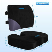 CloudBliss Ergonomic Seat Cushion & Lumbar Support Pillow Set, Black,Large | Back Pain, Sciatica Relief, Memory Foam Support, Adjustable Straps, Machine Washable Velvet, Perfect for Office, Car, Gaming