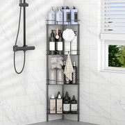HuggieGems 4 Tier Floor Standing Corner Shower Caddy Organizer Shelf with Hooks, Bathroom Shelves Stand Rack, Black