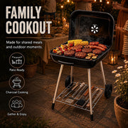 17.5-Inch Charcoal Kettle Grill with Wheels, 302 Sq In Grate | Porcelain-coated steel bowl, lid and grid with adjustable air dampers, rear wheels and bottom shelf for patio or tailgating.