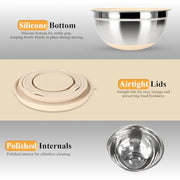 Mixing Bowls with Airtight Lids Set, Non-Slip Silicone Bottoms, Khaki | Stainless Steel 6 Bowls(4.5QT,4QT,3.5QT,2.1QT,1.5QT,1.1QT), 3 Grater Attachments for Baking Serving