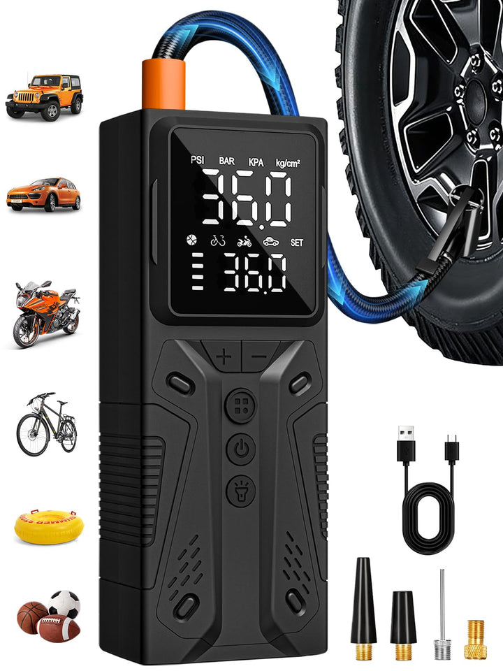 AIRSURE Tire Inflator Portable Air Compressor, 150PSI Auto Shut-Off | High-Speed Cordless Pump, Digital Gauge, LED Light, Bike Tire Pump, For Car, Motorcycles, Bikes, Balls