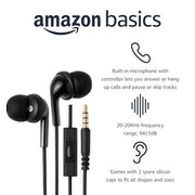 Amazon Basics Wired Earbuds with Microphone, In-Ear Headphones, 3.5mm Jack, High Definition Sound, Secure Fit, 4.2 ft Cable, S/M/L Ear Tips, Black