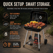 17.5-Inch Charcoal Kettle Grill with Wheels, 302 Sq In Grate | Porcelain-coated steel bowl, lid and grid with adjustable air dampers, rear wheels and bottom shelf for patio or tailgating.