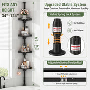 shuang qing 360° Rotating Corner Shower Caddy Tension Pole Organizer, Black | 4-Tier rotating shelves with hooks, adjustable tray height, upgraded rustproof metal pole, removable trays for shower storage