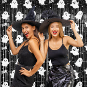 2 Pack Halloween Fringe Curtains, Ghost Foil Tinsel Backdrop | Metallic Foil, 3.28 x 6.56 FT Halloween Tinsel Backdrop Photo Booth Props Streamer for Halloween Decorations