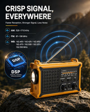 Emergency Radio with Hand Crank & Solar, NOAA Weather Band, AM/FM, 12000mAh | 8500mm² Solar Panel, Clear AM/FM Reception, 5W Flashlight & Reading Light, 120dB SOS, Phone Charging for Hurricanes & Outages