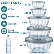 Glass Mixing Bowls with Airtight Lids, 5 PCS Thick Glass Nesting Bowls | Serving bowl For Kitchen Baking, Meal Prepping and Salad, Bpa Free Dishwasher Microwave and Oven Safe, 0.5/0.8/1.6/2.7/4.4 Q