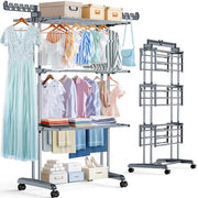 Upgraded 4-Tier Clothes Drying Rack, Drying Rack Clothing with Wheels | Large Foldable Laundry Drying Rack, Clothes Rack with Side Hooks for Indoor Outdoor Air Drying, 19.68"D x 29.9"W x 67.7"H