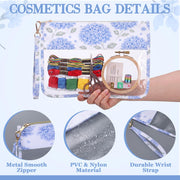 Sabary 6 Pack Blue Floral Needlepoint Project Bag Bow Pouch 11" x 13.8" | Needlepoint Pouches Clear Waterproof Zipper Sewing Craft Organizer Storage Gift for Embroidery Quilter Crafter Art Stitching