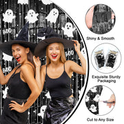 2 Pack Halloween Fringe Curtains, Ghost Foil Tinsel Backdrop | Metallic Foil, 3.28 x 6.56 FT Halloween Tinsel Backdrop Photo Booth Props Streamer for Halloween Decorations
