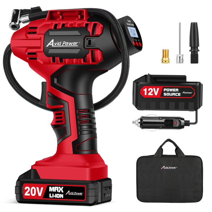 AVID POWER Cordless Tire Inflator Portable Air Compressor 20V Battery Pump | Auto Shut-Off, Rechargeable Battery & 12V DC Adapter, Digital Pressure Gauge, Fast Inflation for Car, Motorcycle, Bike, Ball