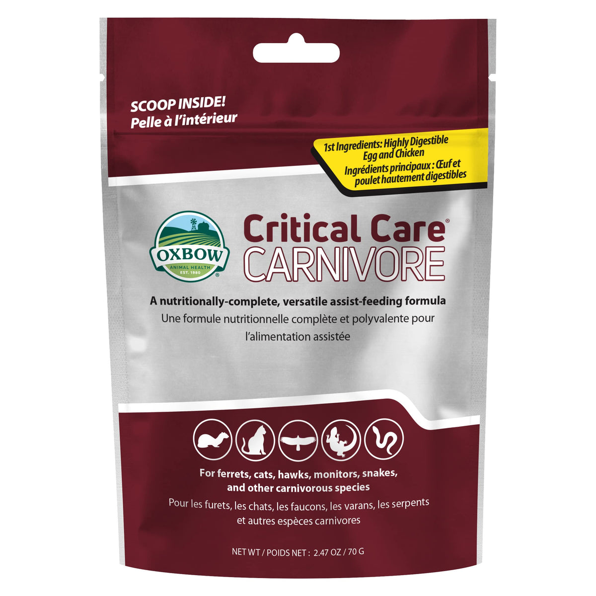 Oxbow Critical Care Carnivore, Recovery Food For Cats & Ferrets, USA, 70 g | High-Calorie, Assist Feeding Formula, Whole Egg, Dried Chicken, Cats, Ferrets, Birds, Reptiles, Recovery Food, Vet Formula
