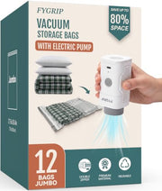 Fygrip Rechargeable Cordless Pump Vacuum Storage Bags, 12 Jumbo | 80% Space Saver Plastic Packaging Bags for Clothes, Travel Luggage & Bedding, Closet Organization