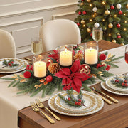 Alupssuc 28" Red Gold Christmas Centerpiece with 3 Candle Trays,1 Pcs | Candle Holders Trays,Dining Table Decoration with Baubles, Pine Cones, Red Berries, Spruce Branches, Flower for Christmas