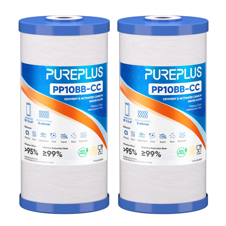 PUREPLUS 5 Micron 10"x4.5" Whole House Sediment & Carbon Water Filter,2PACK | PP10BB-CC Replacement Cartridge for GE FXHTC,GXWH40L,GXWH35F,GNWH38S,Culligan RFC-BBSA,WRC25HD,Pentek RFC-BB