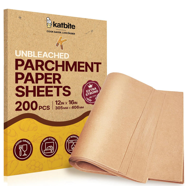 Katbite 200Pcs 12x16 In Unbleached Parchment Paper for Baking, Precut Parchment Paper Sheets, Heavy Duty Flat Baking Paper, Half Sheet Baking Sheets for Baking Cookies, Cooking, Air Fryer, Oven
