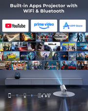 Mini Projector, Portable Projector with Wifi and Bluetooth, Built in Apps | Support 4K 1080P, 180° Rotation, Auto Keystone, Movie Projector Compatible With HDMI/USB/TV Stick/Smartphone/Laptop