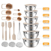 Mixing Bowls with Airtight Lids Set, Non-Slip Silicone Bottoms, Khaki | Stainless Steel 6 Bowls(4.5QT,4QT,3.5QT,2.1QT,1.5QT,1.1QT), 3 Grater Attachments for Baking Serving