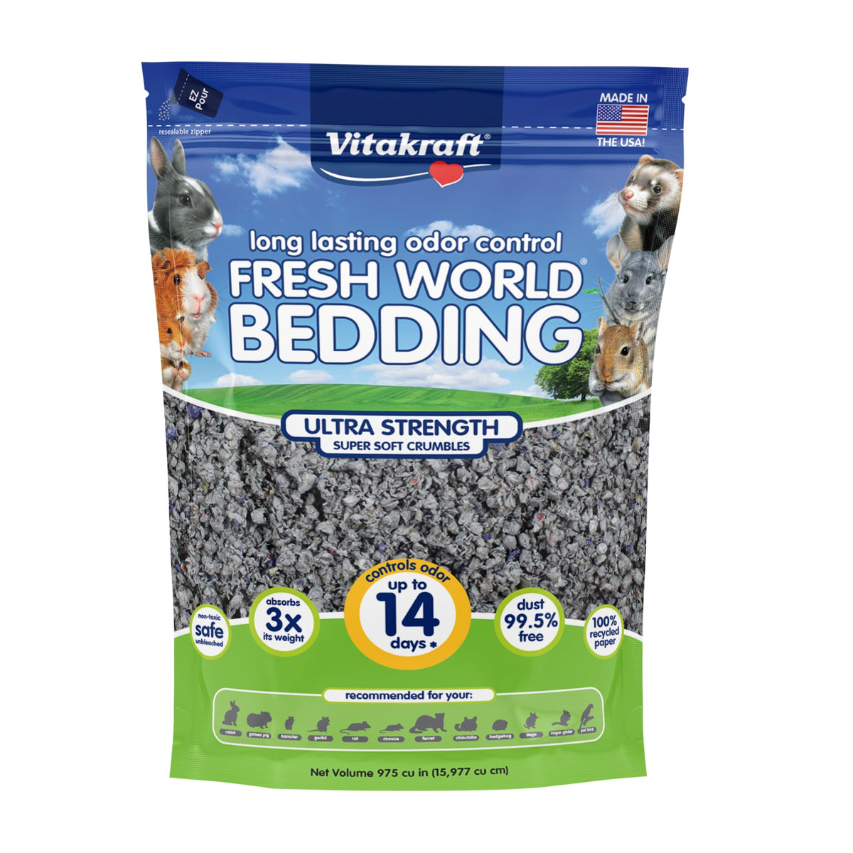 Vitakraft Fresh World Small Animal Bedding - Ultra Strength - Pet Bedding for Litter Boxes and Cages (16 L),Gray, 975 cu in