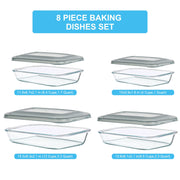 KOMUEE 8 Pieces Glass Baking Dish with Lids, Gray | Rectangular Glass Baking Pan, Bakeware Set with Lids for Lasagna, Leftovers, Cooking, Fridge-to-Oven, Casserole Dish